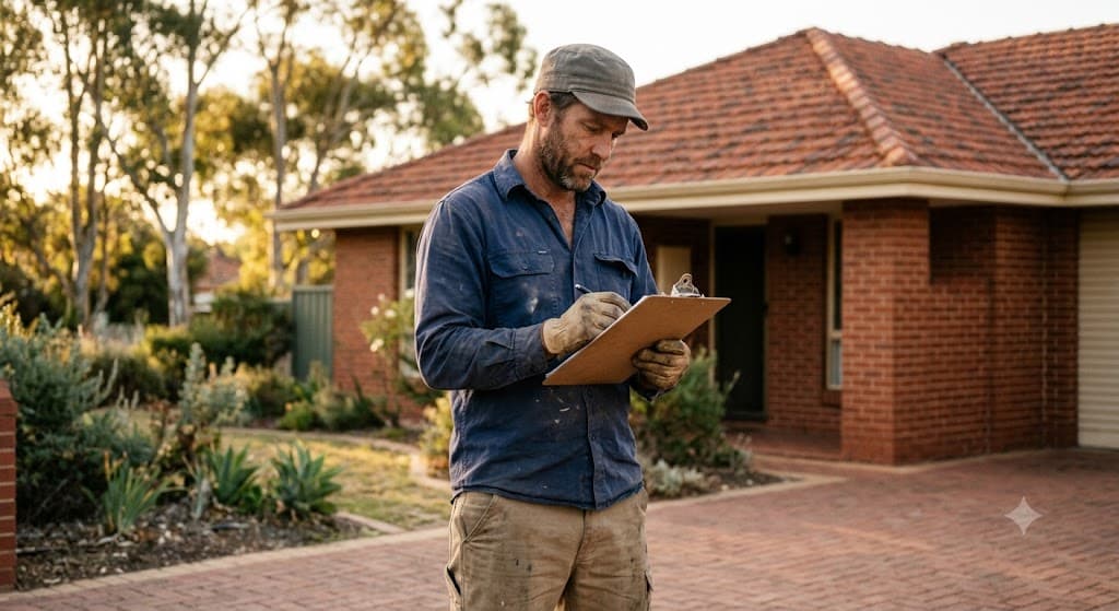 Licensed, insured roofer in Adelaide reviewing a checklist in front of a suburban tile roof home