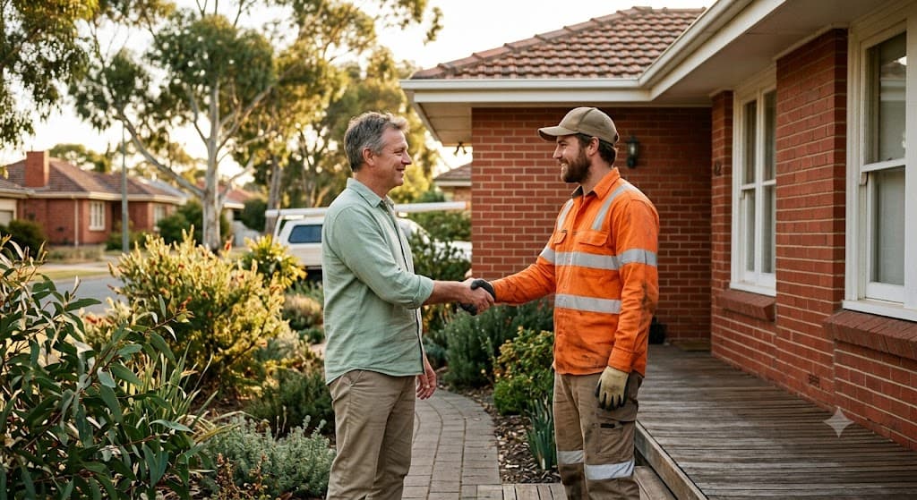 Roofer matching service in Adelaide — homeowner and vetted local roofer shaking hands on a front porch