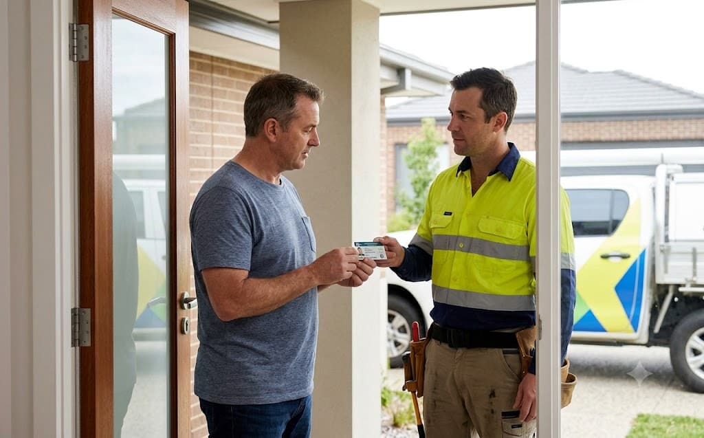 Homeowner checking a tradesperson's identification and licence before agreeing to work